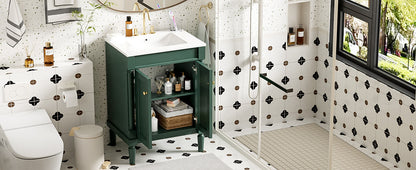Modern Green Bathroom Vanity with Top Sink, 2-Tier Storage Cabinet, Ceramic Basin, Solid Wood Frame, 24''