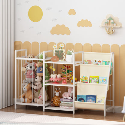 Kids Bookshelf and Toy Storage, 3-in-1 Book Shelf for Kids Rooms, Sling Baby Bookcase with Stuffed Animal Storage, Toddler Montessori Bookshelf for Nursery, Playroom, Kindergarten, White