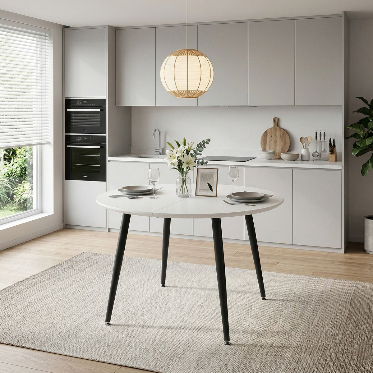 Using a clever telescopic mechanism, this white medium density fiberboard tabletop is paired with black metal legs, resulting in a smooth and delicate surface. Its unique design creates a smooth.