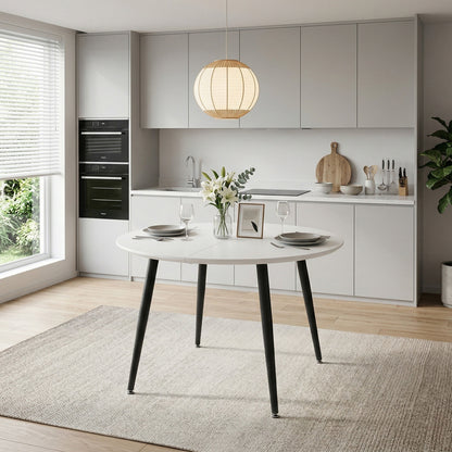 Using a clever telescopic mechanism, this white medium density fiberboard tabletop is paired with black metal legs, resulting in a smooth and delicate surface. Its unique design creates a smooth.