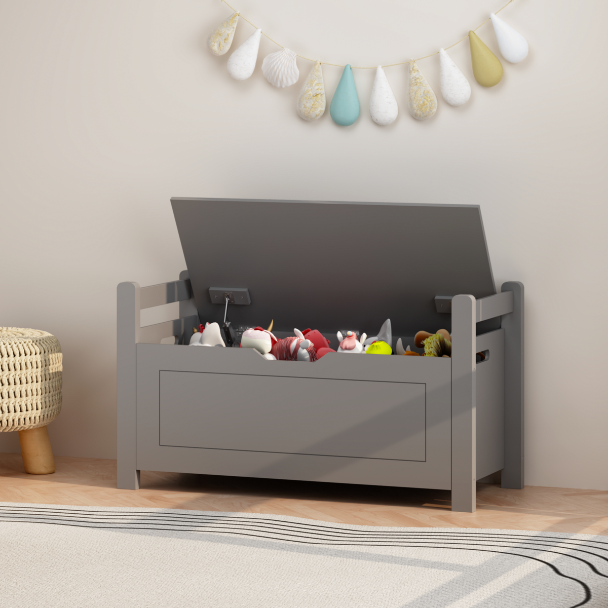 Kids Toy Box Chest for Boys Girls, Large Storage Cabinet with Cushion Seat Bench/ Flip-Top Lid/ Safety Hinge, Toy Storage Organizer Trunk for Nursery, Playroom (Gray)