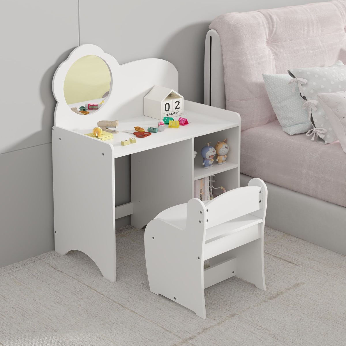Kids Vanity Table with Mirror and Chair, Wooden Children's Dressing Makeup Desk with Storage Shelves