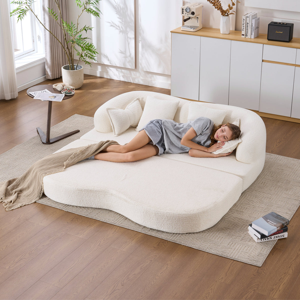 (Old Sku : W2231P392100) 2-in-1 Foldable Sofa Bed,70 Inch Folding Boneless Couch Convertible Compressed Sleeper Sofabed, 4 Pillows for Living Room Apartment, Milk White
