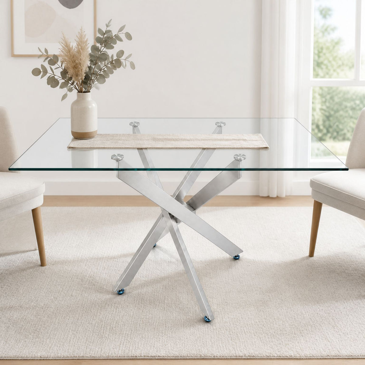 Modern Rectangular Glass Table, 47.24 Inches Of Tempered Glass With A Silver Frame.Kitchen Table Set for Dining Room, Party Table,Conference table,Living Room,Office,Cafe,Home Kitchen,Bedroom