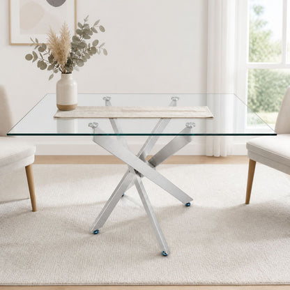Modern Rectangular Glass Table, 47.24 Inches Of Tempered Glass With A Silver Frame.Kitchen Table Set for Dining Room, Party Table,Conference table,Living Room,Office,Cafe,Home Kitchen,Bedroom