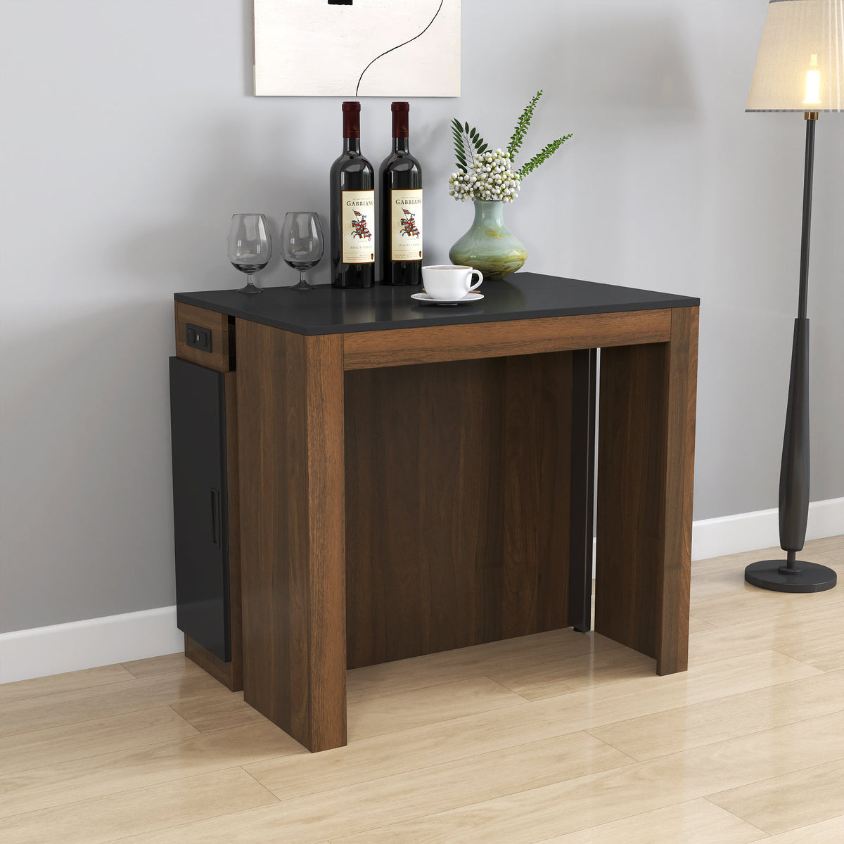 Modern Multifunctional Extendable Dining Table with Outlet, Space Saving Expanding Table with Storage for Party, Weddings, Meetings, Celebrations