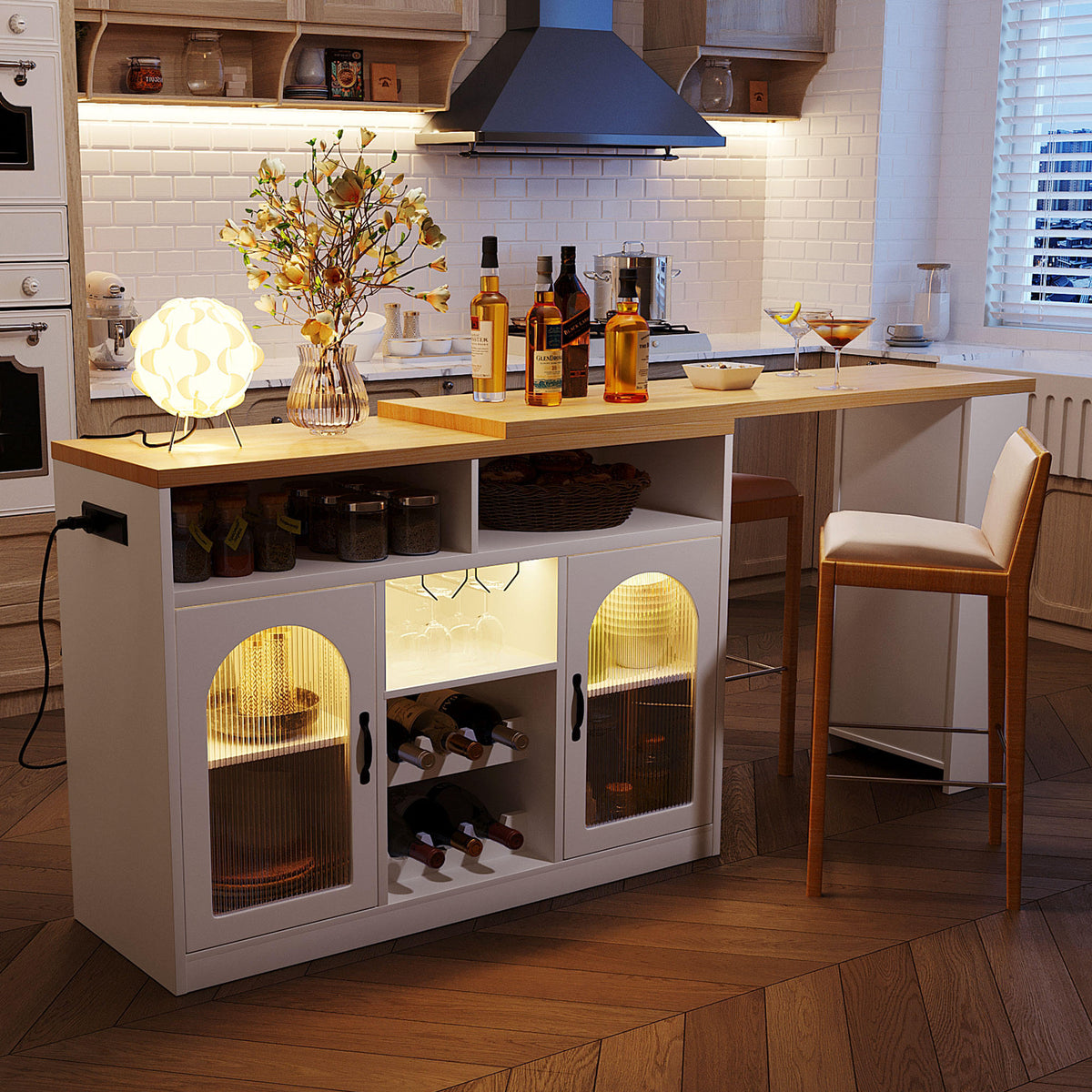 U_STYLE Sideboard with Extendable Tabletop and Wine Rack, Counter Height Bar Table with Color LED Lighting and Left-side Power Outlet, Mobile Farmhouse Wine Cabinet Cart on Wheels (Chairs Not Included