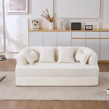 (Old Sku : W2231P392100) 2-in-1 Foldable Sofa Bed,70 Inch Folding Boneless Couch Convertible Compressed Sleeper Sofabed, 4 Pillows for Living Room Apartment, Milk White