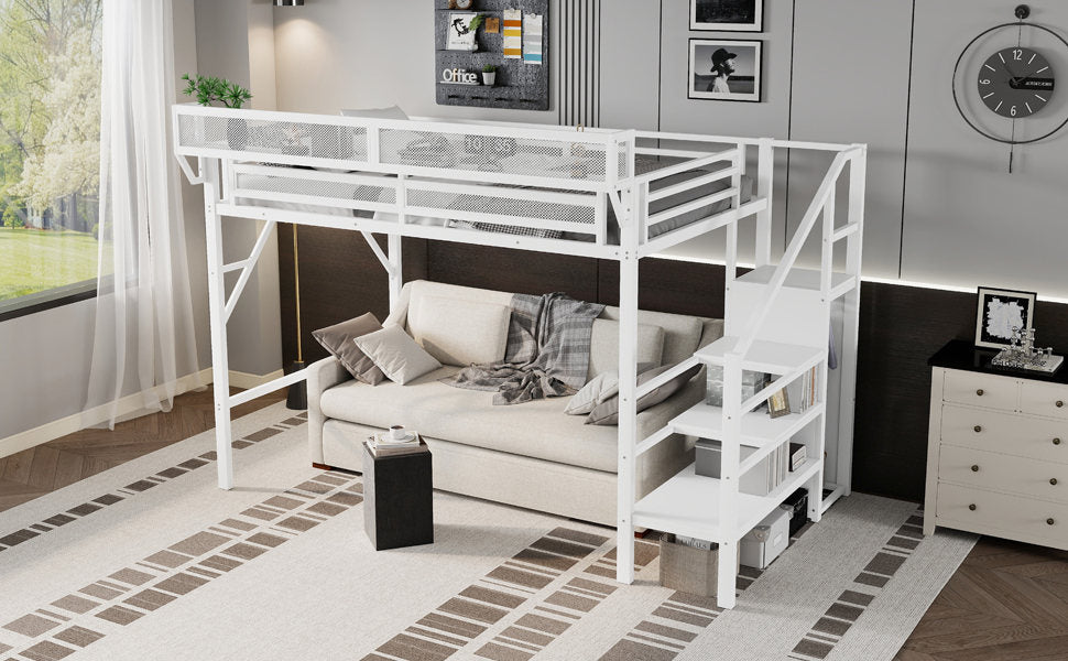 Twin XL Size Loft Bed with Stairs, Metal Full Loft Bed with Storage Shelves, High Loft Bed with Wardrobe for Kids Teens,White(Old Sku W2580S00050)