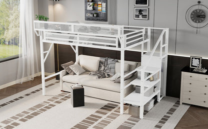 Twin XL Size Loft Bed with Stairs, Metal Full Loft Bed with Storage Shelves, High Loft Bed with Wardrobe for Kids Teens,White(Old Sku W2580S00050)