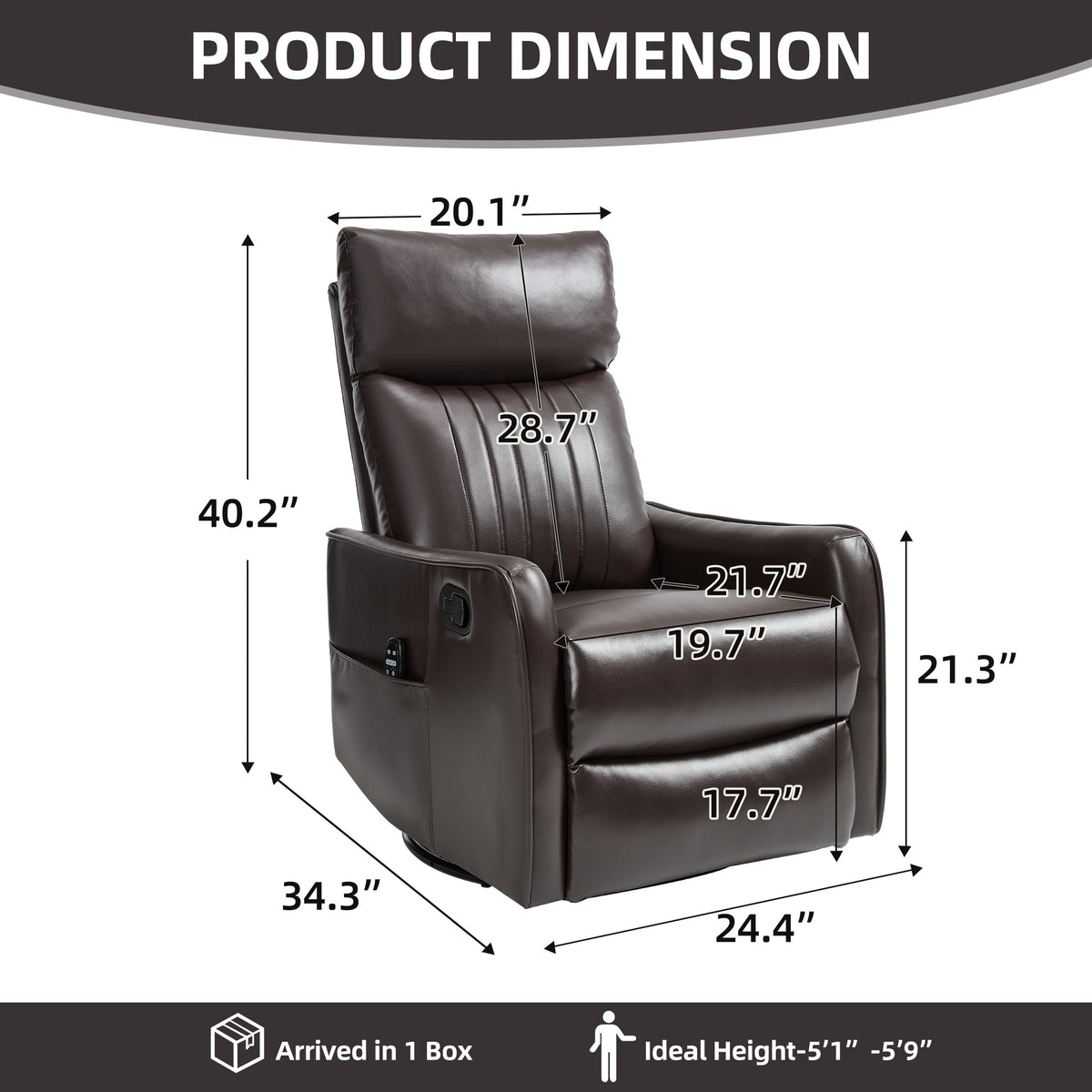 Brown Faux Leather Heat Massage Manual Recliner Chair with Rocker and Swivel for Living Room