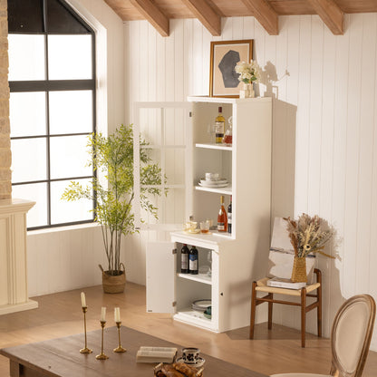 75.25'' Tall Freestanding Pantry Cabinet with Glass Door & Lattice Window, Farmhouse Display Cabinets with Storage, Hutch with Double-Action LH&RH Door, for Hallways, Livingroom Kitchen & Office,White