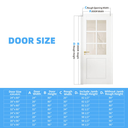 24" X 80"6-Lite Preassembled Clear Glass French Door, Paintable Panel, for Closet Pantry Bedroom Livingroom Study Office,kitchen, Barn Doors-Shaker w/o Hardware,White