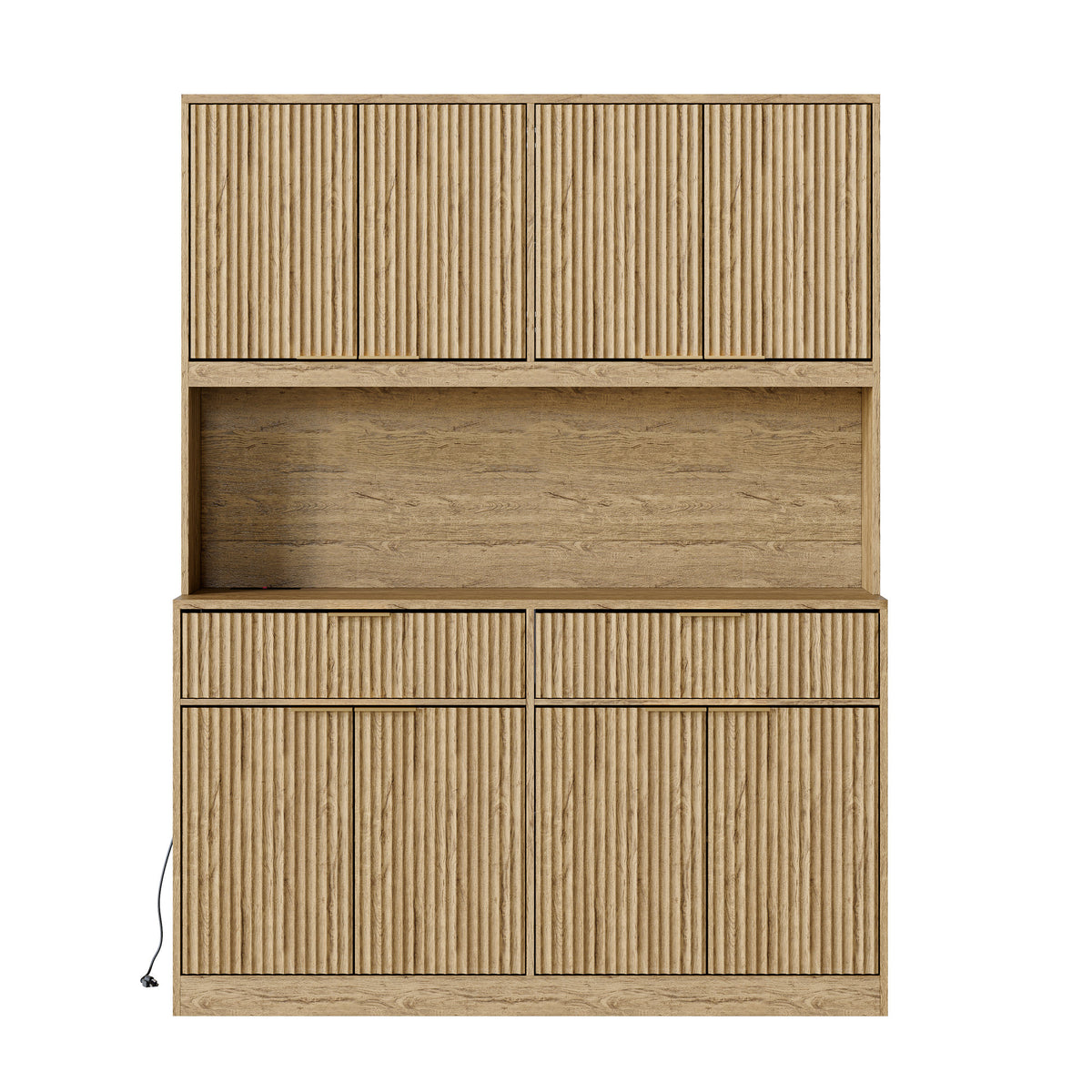 71" Tall Kitchen Pantry Cabinet with Power Outlet, Hollow Open Countertop, Modern Multi-Functional Storage Hutch Cabinet for Dining Room, Entryway and Living Room,Natural