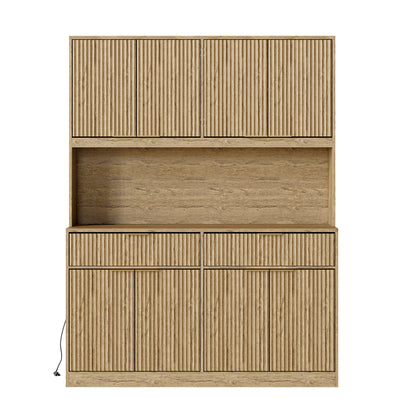 71" Tall Kitchen Pantry Cabinet with Power Outlet, Hollow Open Countertop, Modern Multi-Functional Storage Hutch Cabinet for Dining Room, Entryway and Living Room,Natural