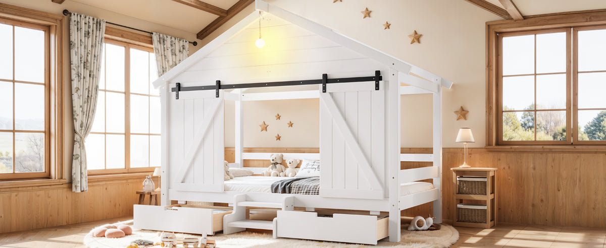 Twin Size Farmhouse Bed with Sliding Barn Door and Light Bulb, Wood house Bed Frame with Stair and Drawers, White