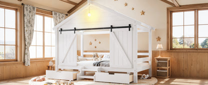 Twin Size Farmhouse Bed with Sliding Barn Door and Light Bulb, Wood house Bed Frame with Stair and Drawers, White