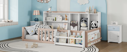 Twin Size Kids Wooden Platform Bed Frame with Guardrail Fence, Side Storage Shelves & Book Shelf, Space Saving Floor Bed,Nude and  White