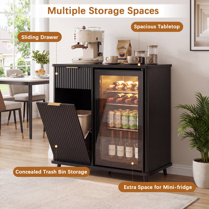 Fluted Coffee Bar Cabinet with Mini Fridge Space & Charging Station, Home Bar Cabinet with Hidden Trash Can Storage & Drawer for Kitchen, Dining Room or Living Room,Black