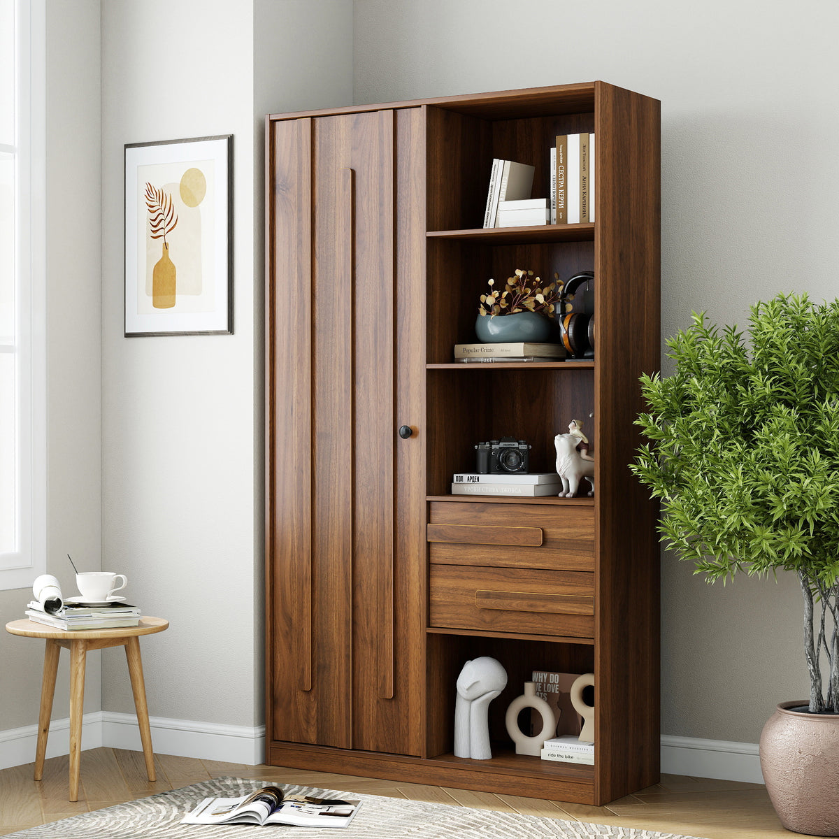Freestanding Storage Cabinet, Tall cabinet with fluted Door, 2 Drawers & Open Shelves, Multi-Purpose Organizer for Bedroom, Living Room, Entryway