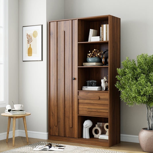 Freestanding Storage Cabinet, Tall cabinet with fluted Door, 2 Drawers & Open Shelves, Multi-Purpose Organizer for Bedroom, Living Room, Entryway