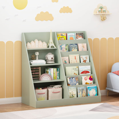 Kids Bookshelf and Toy Storage Organizer, Multifunctional 4 Tier Wooden Kids Book Shelf with  Bookcase Display Stand in Kids Room Playroom Nursery for Kids, Children, Toddlers (Sage)