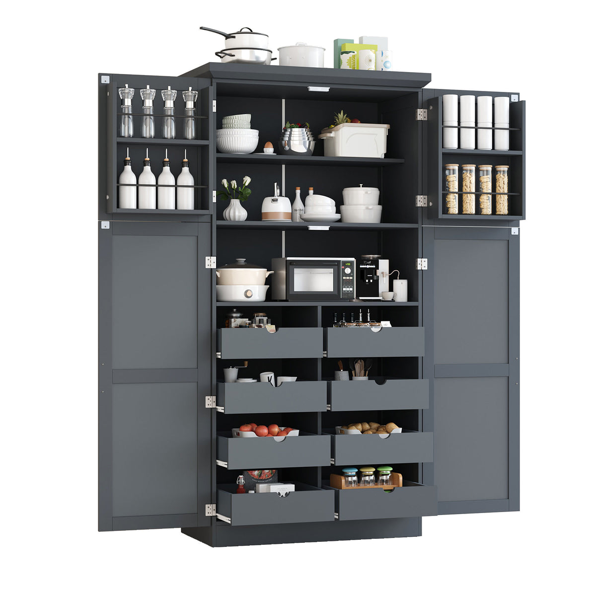 [Assembly Video Provided] TOPMAX 35.5x17.6x70.9inch Freestanding Kitchen Pantry Cabinet, Tall Storage Cabinet with 4 Doors, 2 Door Shelves – Gray
