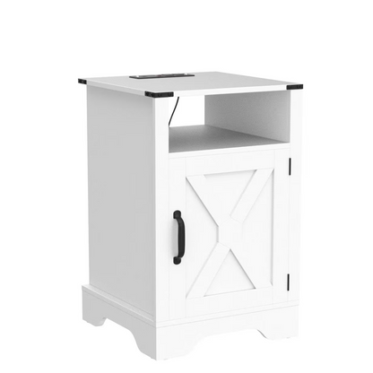 Farmhouse Nightstand with Charging Station Wooden Rustic End Table for Bedroom, Living Room, 16" D x 16" W x 25" H(Set of 1), White