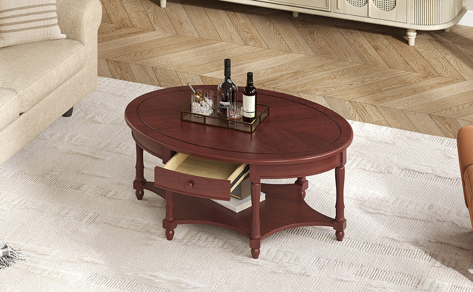 Vintage Oval Coffee Table with Drawer and Storage Shelf, Antique Cocktail Table in 45", French Country Accent Table for Living Room, Cherry (old sku: N735P277388)