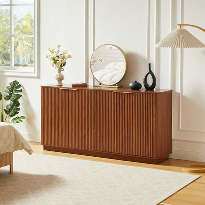 63' Vertical Stripe Buffet Cabinet Sideboard with stoarge, Curved wave Design, TV Stand, for Bedroom, Living Room, Hallway, Walnut,63''W x 15.75''D x 31.5''H.