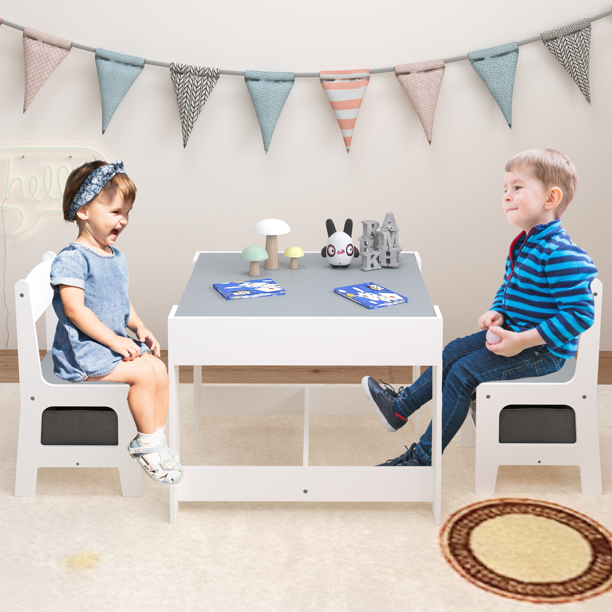 Kids Table and Chair Set, 3-in-1 Wooden Activity Table with Storage Drawer for Toddlers Drawing, Reading, Crafts, 2-in-1 Detachable Top in White+Gray MDF