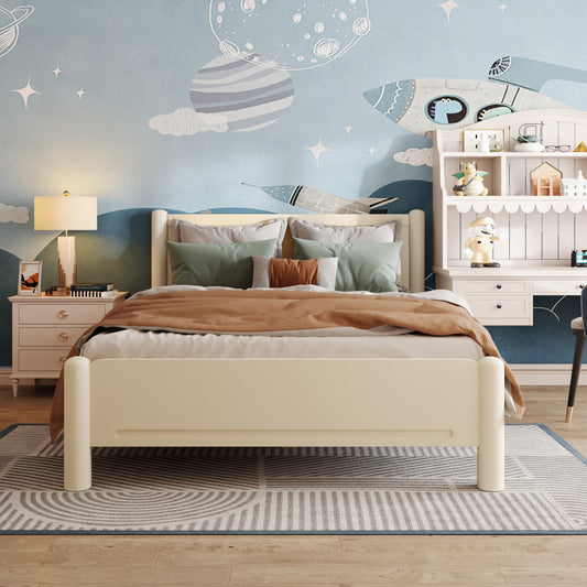 Queen Size Wood Platform Bed Frame with Headboard and Wooden Slat Support,Beige