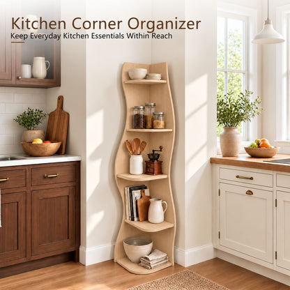 (Old Sku : W5156P534910)5-Tier Corner Shelf, Modern Wavy Corner Bookshelf, Tall Corner Storage Rack for Living Room, Bedroom, Kitchen, Home Office, Space-Saving Display Stand with Rounded Edges