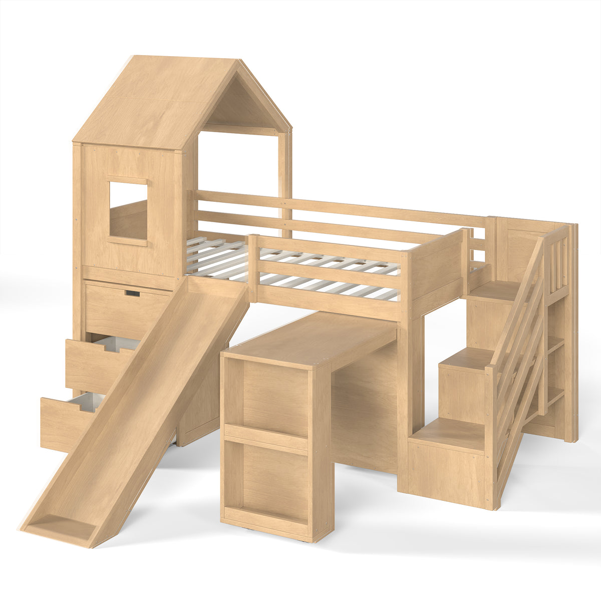 Twin Playhouse Loft Bed with Integrated Storage Drawers, Open Stair Shelves & Pull Out Desk, Kids Low House Loft Bed with Slide and Play Window, Natural