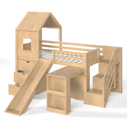 Twin Playhouse Loft Bed with Integrated Storage Drawers, Open Stair Shelves & Pull Out Desk, Kids Low House Loft Bed with Slide and Play Window, Natural