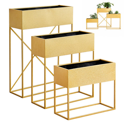 3‑Pack Pre‑Assembled Gold Metal Elevated Planter Stand with Non‑Woven Liner, UV‑Resistant Rectangular Raised Herb Flower Planter Box for Patio Balcony Indoor Outdoor
