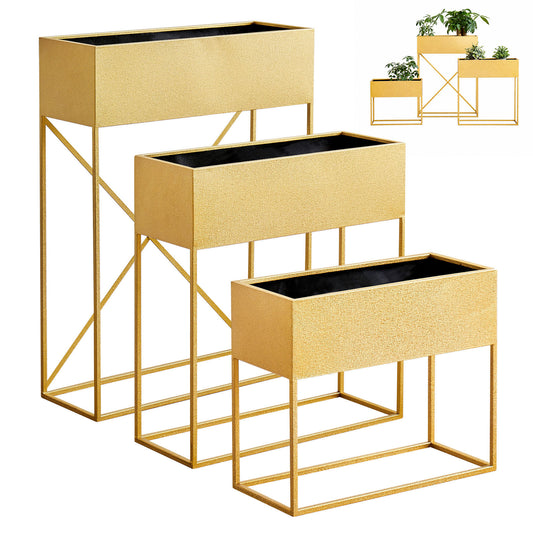 3‑Pack Pre‑Assembled Gold Metal Elevated Planter Stand with Non‑Woven Liner, UV‑Resistant Rectangular Raised Herb Flower Planter Box for Patio Balcony Indoor Outdoor