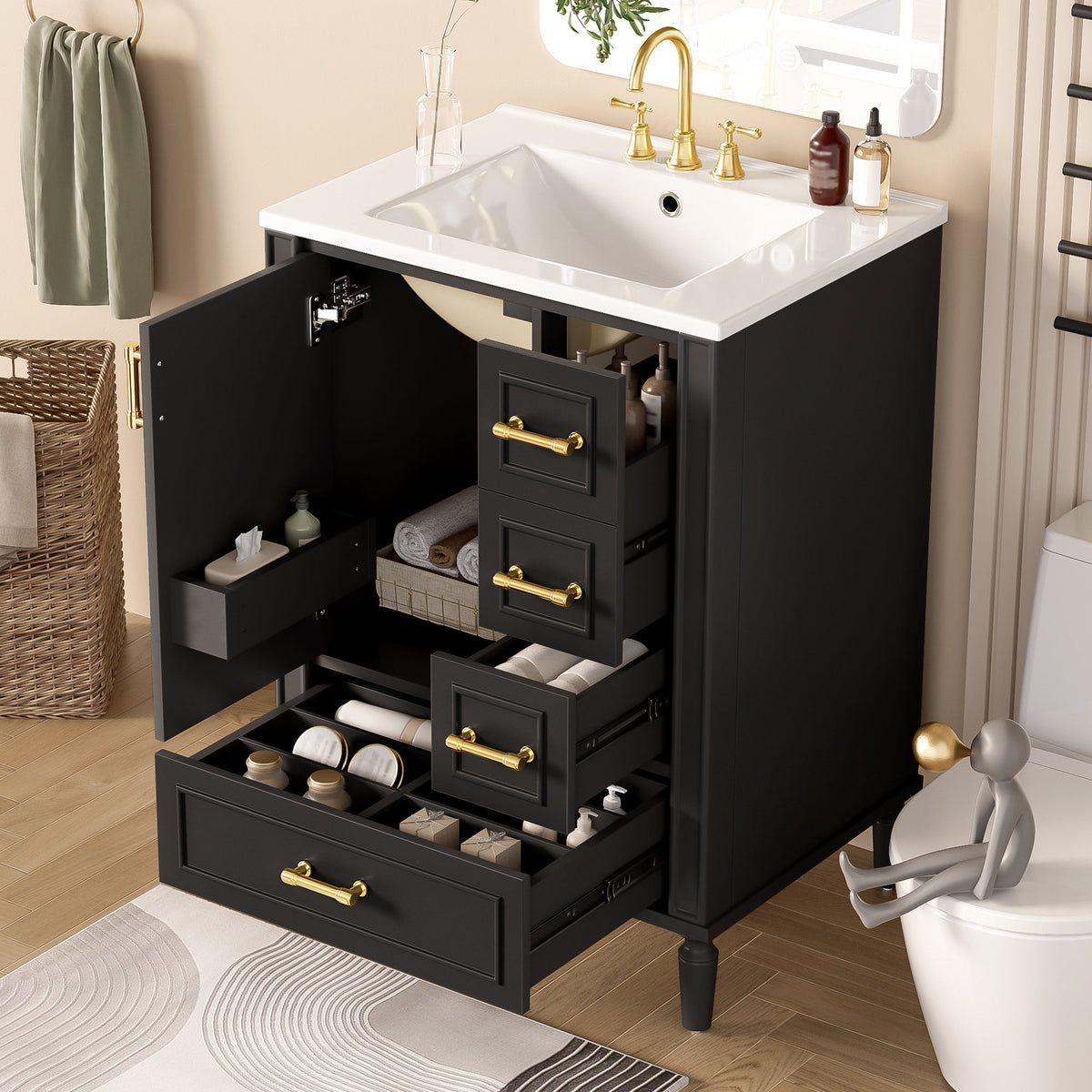 24' Modern Bathroom Vanity with Ceramic Sink, Soft-Close Door, 3 Drawers, Gold Handles, and Door-Mounted Rack for Space-Saving Storage(Old SKU:N729P373272B)