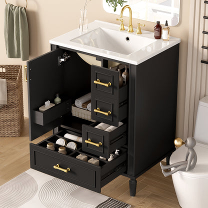 24' Modern Bathroom Vanity with Ceramic Sink, Soft-Close Door, 3 Drawers, Gold Handles, and Door-Mounted Rack for Space-Saving Storage(Old SKU:N729P373272B)