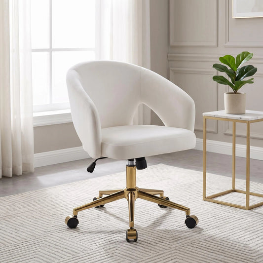 TY Adjustable Office Chair, Home Bedroom, Ergonomic Swivel Chair, Backrest Seat, Comfortable for Long Sitting,Gold base,White