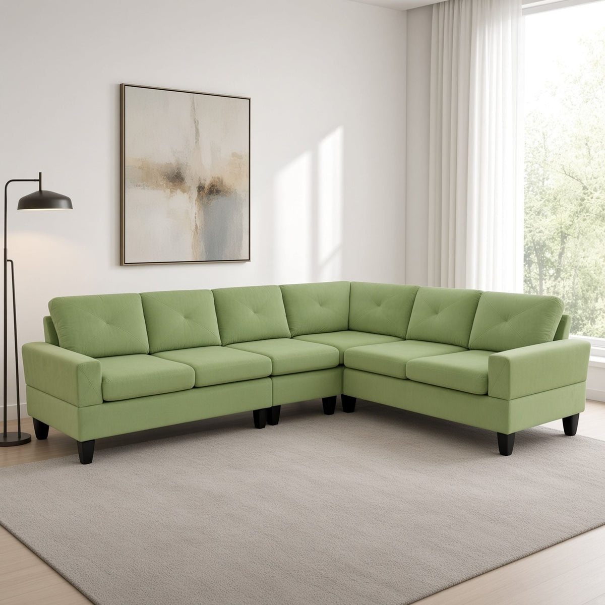 95.5 x 75 Inches Width Apple Green Modular L-Shaped Sectional Sofa 6-Seater 4-Piece Massa Flannel  Fabric Couch with Chaise