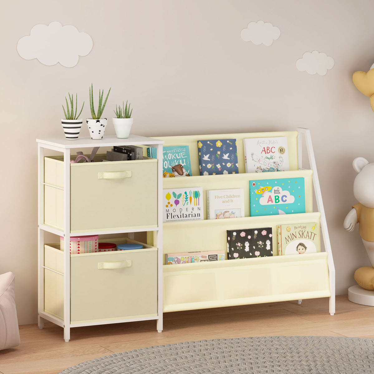 Kids Bookshelf with 3-Tier Front-Facing Book Display, 2 Storage Bins and Bottom Cabinet, Children's Bookcase Organizer for Bedroom, Playroom and Nursery