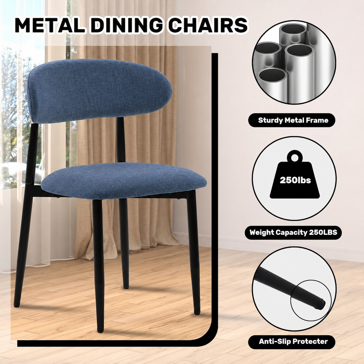 Dining Chairs Set of 2, Metal Kitchen Chairs with Modern Linen Fabric Upholstered for Dining Room, NAVY Seat
