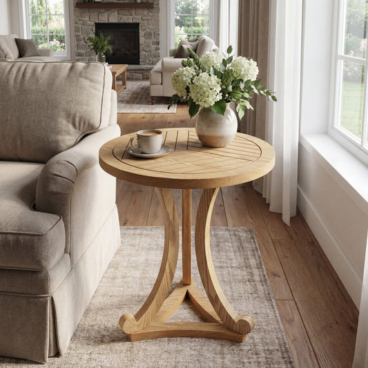 Natural Finish Round Wood Accent Table - Elegant Curved Base End Table for Living Room, Bedroom, or Patio