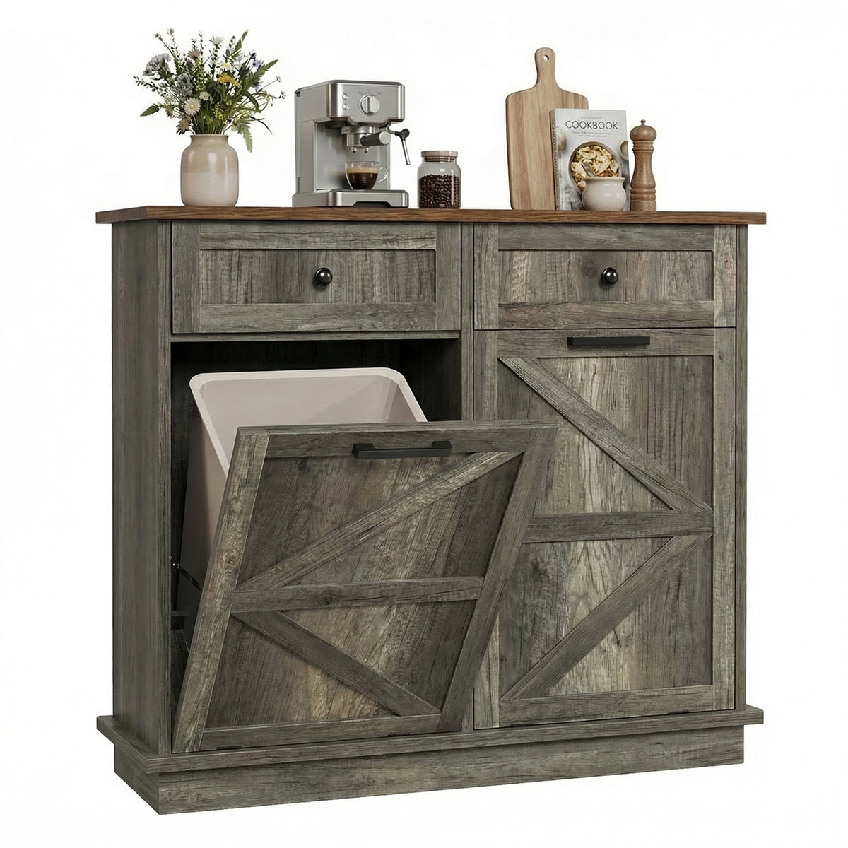 Tilt Out Trash Can Cabinet for Kitchen, Double 10-Gallon Hidden Trash Cabinet with Drawer, Farmhouse Wooden Garbage Cabinet, Dog Proof Trash Can Storage for Kitchen Laundry Living Room Office