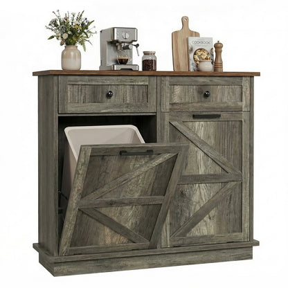 Tilt Out Trash Can Cabinet for Kitchen, Double 10-Gallon Hidden Trash Cabinet with Drawer, Farmhouse Wooden Garbage Cabinet, Dog Proof Trash Can Storage for Kitchen Laundry Living Room Office