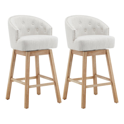 32.25' Swivel Counter Stools Set of 2, Upholstered Counter Height Bar Stools with Solid Rubber Wood Frame, Backrest, Footrest, Armless Barstools for Home Bar, Kitchen Counter, Natural + Beige