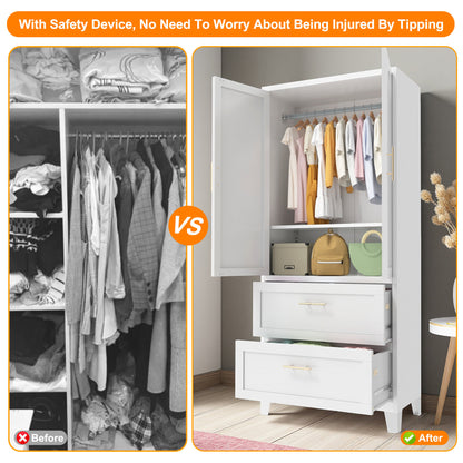 71" Tall Metal Wardrobe Cabinet with 2 Drawers and Hanging Rod, 2 Doors Wardrobe Closet with Shelf for Bedroom, Office, Laundry Room,Entryway ,Foyer,Guesthouse (White)
