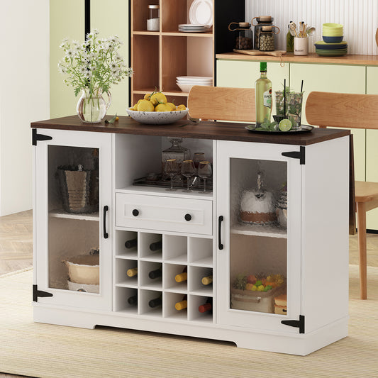Wine Cabinet with Drop Leaf, Foldable Melamine Top Cabinet with Wine Cubes and 2 Water-Ripple Glass Doors, Multiple Control LED Light,  Farmhouse Cabinet for Dining Room, Living Room, Walnut+White
