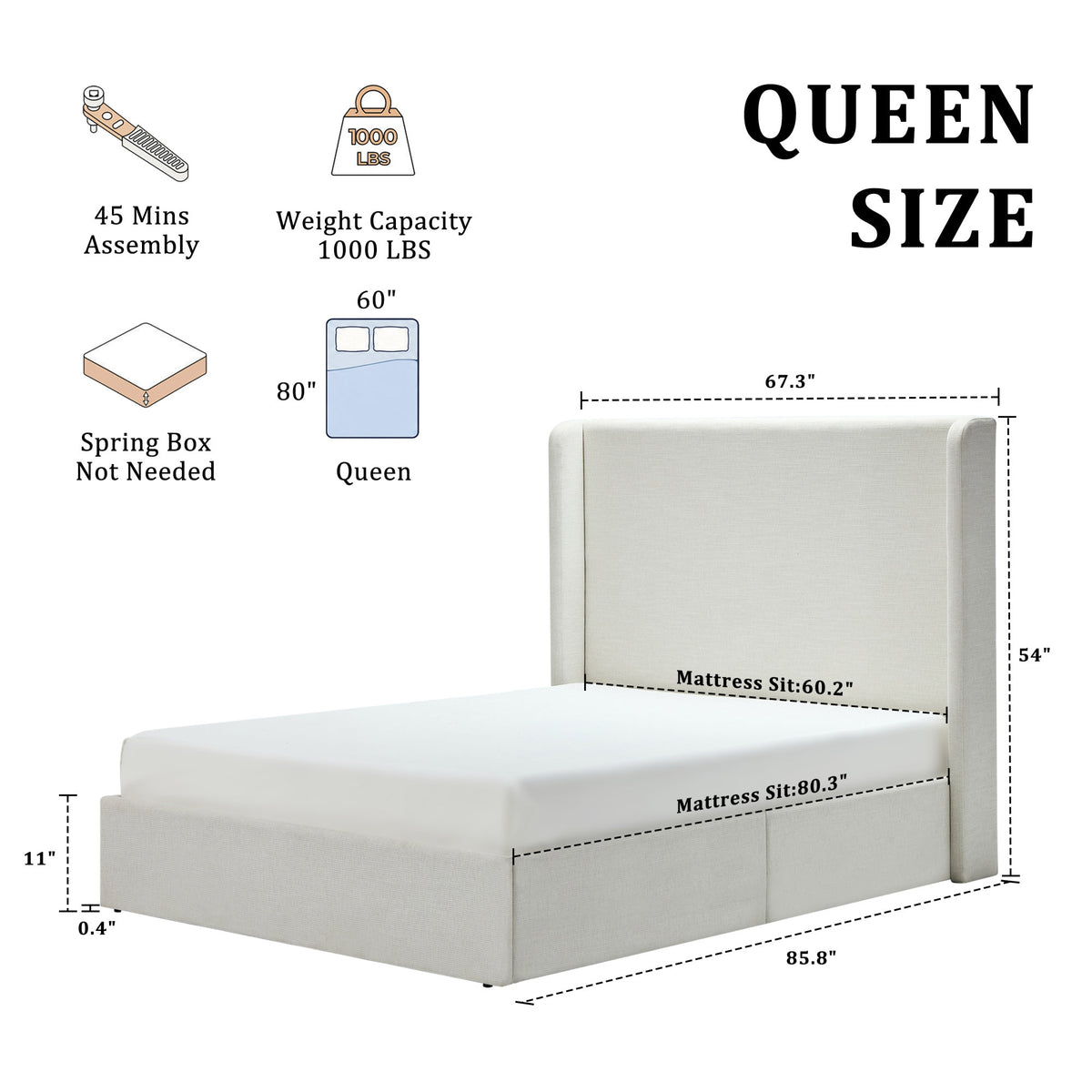 Carmen Upholstered Wingback Bed / Upholstered Platform Bed Frame / 54" High Headboard / Simplicity / Minimalist / No Box Spring Needed / Easy Assembly / Queen/ Textured Ivory Canvas / No Noise
